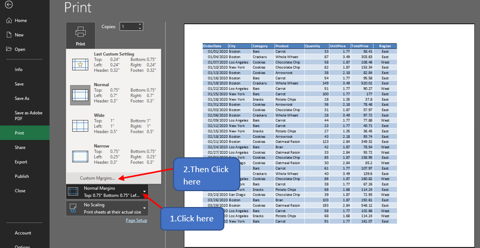 Choosing Custom Margins Option