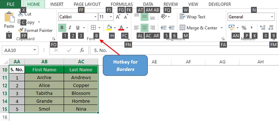 Hotkeys within Home Tab