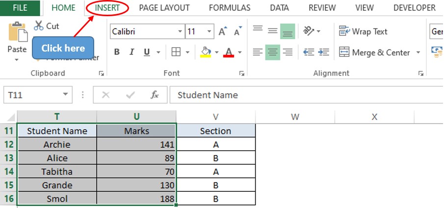 Locating Insert tab