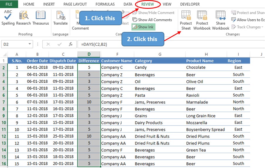 Locating Protect Sheet Option