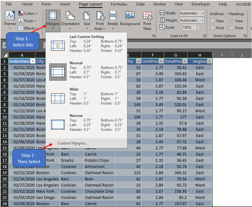 Selecting Custom Margins Option