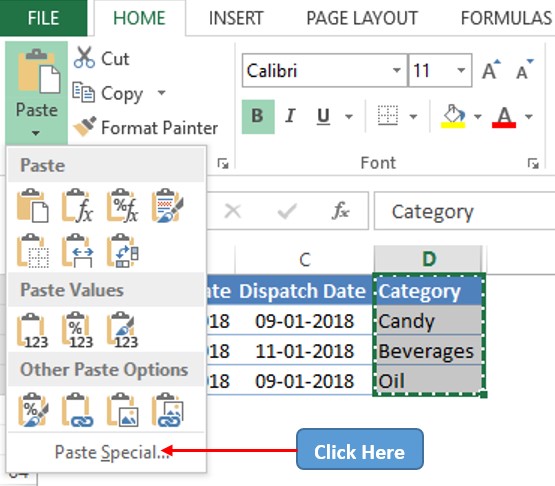 Clicking Paste Special