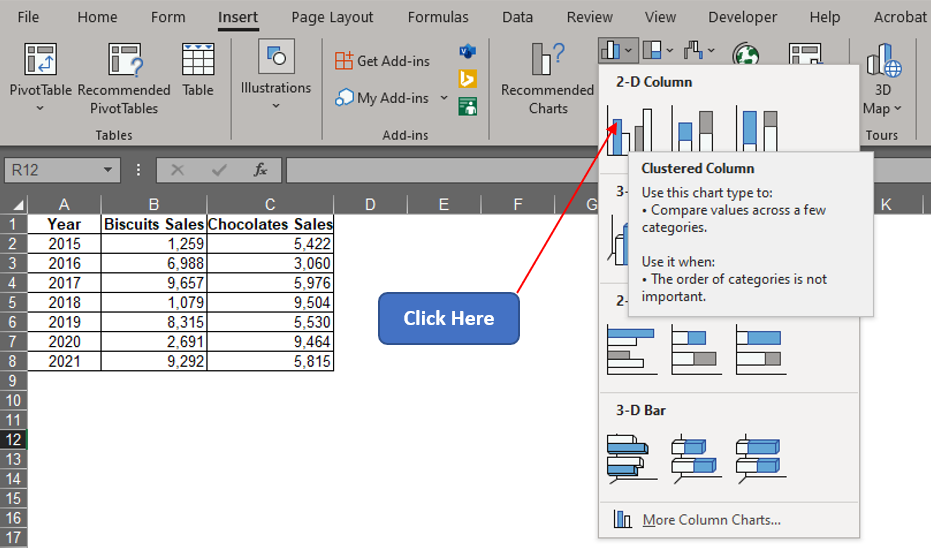 Selecting the 2D Clustered Column Chart Option 1