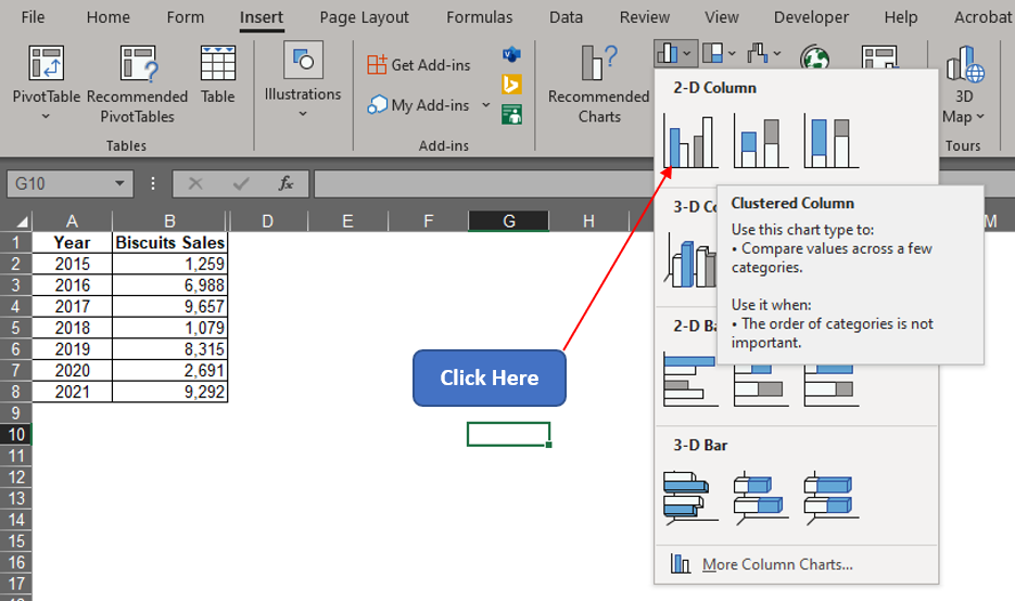 Selecting the 2D Clustered Column Chart Option