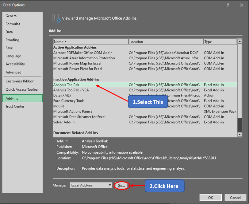 Choosing the Data Analysis Toolpak Add in