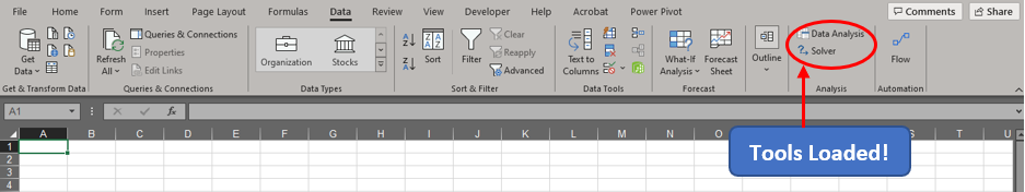 Data Analysis Toolpak is loaded