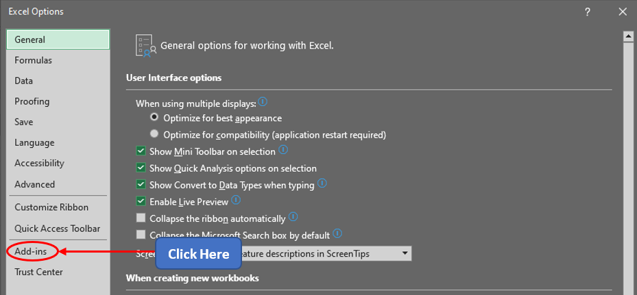 Selecting Add ins within Excel Options Dialog