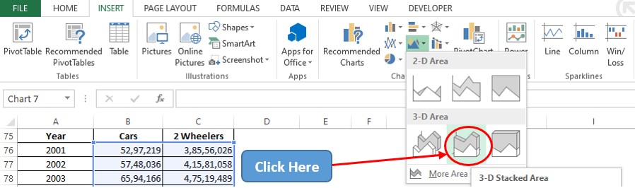 Selecting the 3D Stacked Area Chart Option