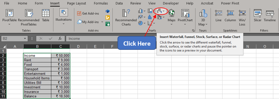 Selecting the Waterfall Chart Icon